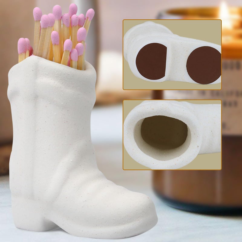 KALAUTO Cowboy Boot Match Holder With Striker - Coastal Home Ceramic Cowgirl Boot Decor Aesthetic Small Cute Matchstick Box Western Decorative Mini Matchesboxes For Bathroom Bedroom Fireplace Kitchen (white) - Image 3
